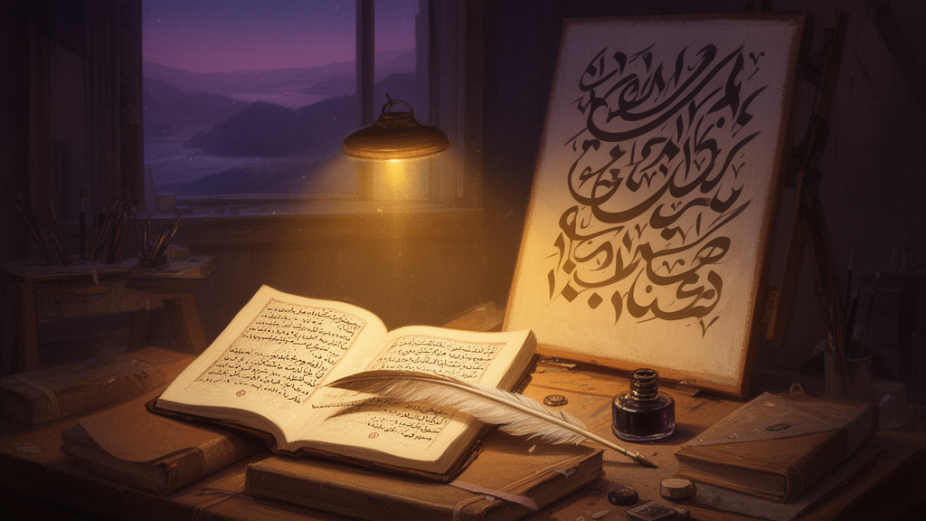 An artist’s studio at dusk with a reed pen, ink pot and abstract calligraphic panel beside an open book, suggesting the link between calligraphy and poetry in Sadequain’s practice.
