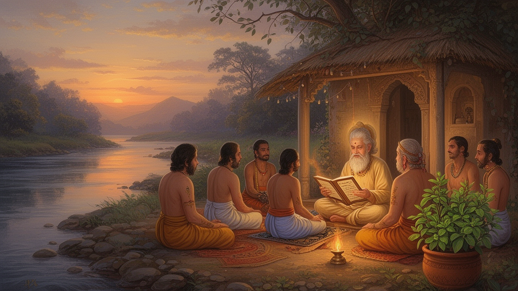 Seated devotees listen to an elder teacher reading from a manuscript at dawn beside a riverside hermitage with a tulsi plant.
