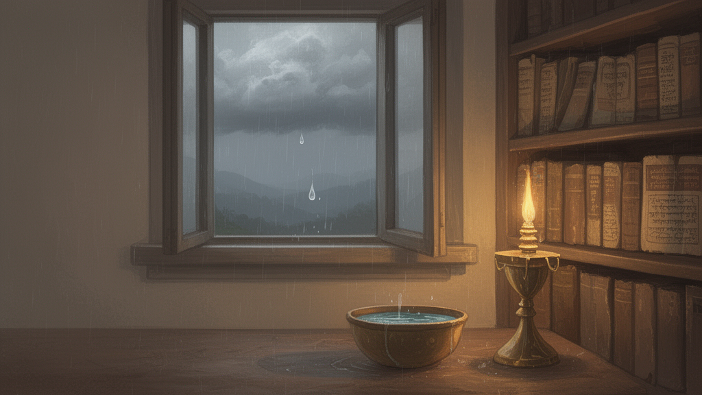 A lamp and water bowl rest before scriptures on a shelf, with rain clouds visible through a window in a quiet temple room.