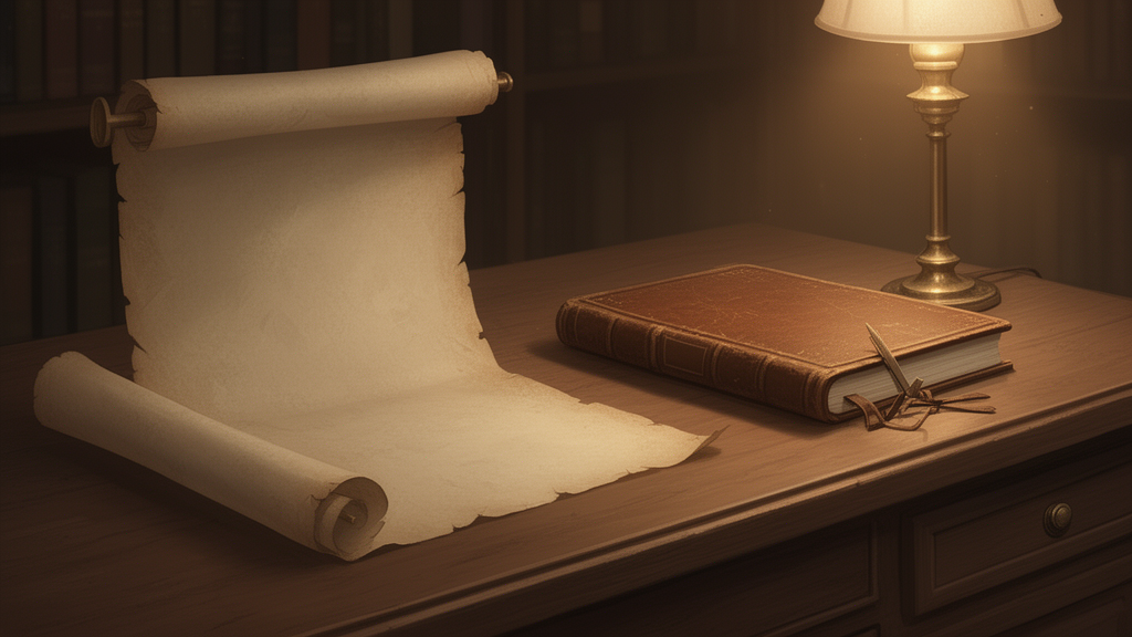 An old parchment scroll partly unrolled on a wooden desk beside a closed leather-bound book in warm lamplight.
