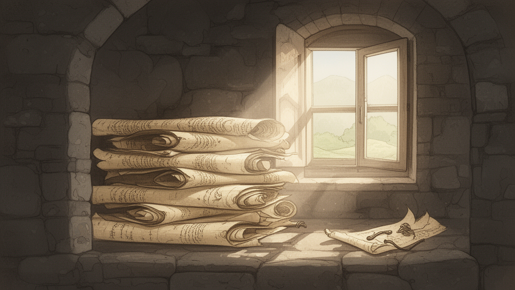 Rolled manuscript sheets stacked in a stone archive niche with light from a window falling across them.
