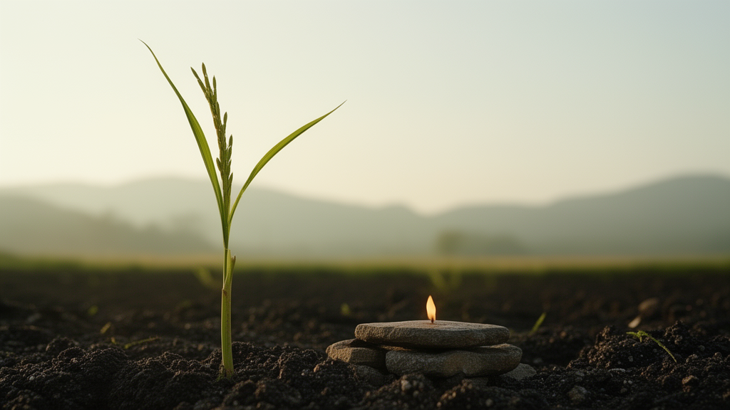 Young rice seedling growing from moist soil in soft morning light, with distant hills, illustrating the rice seedling image used in the Salistamba Sutra's teaching on dependent origination.