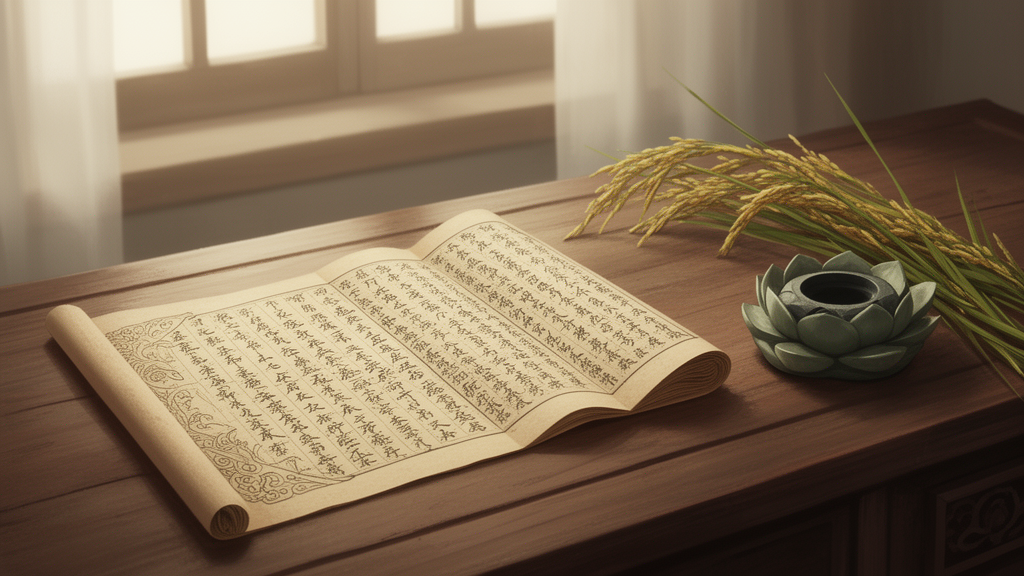 Open palm-leaf manuscript beside rice stalks and an ink stone on a wooden desk, suggesting the scholarly study of Buddhist texts such as the Salistamba Sutra.