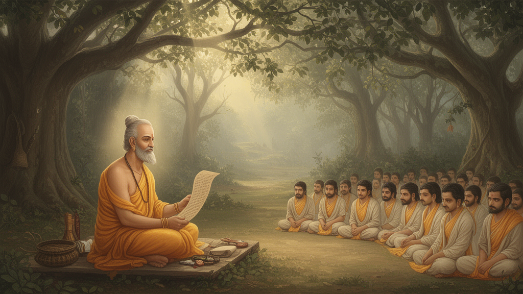 Illustration of a sage seated in a forest hermitage holding a palm-leaf manuscript while students listen, representing the study of Upanishad teachings.