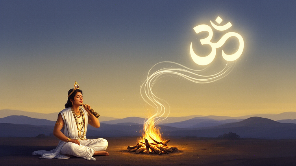 Illustration of a dawn Vedic altar with a fire and a singer, with soft light suggesting sacred sound and chant associated with the Samaveda.