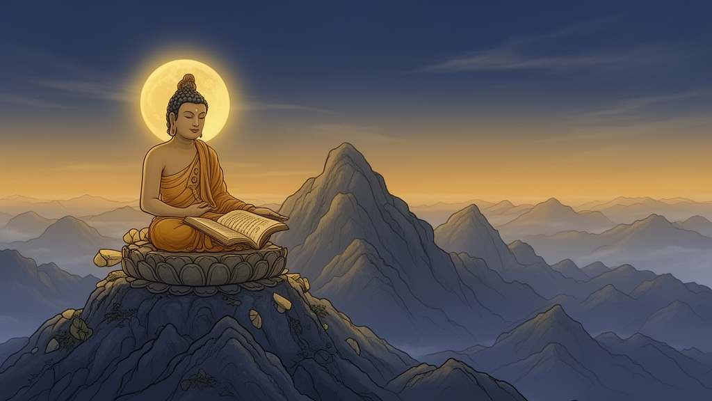 Seated bodhisattva in meditation on a mountain peak at dawn, with a soft moon-lamp glow above the head and an open manuscript on a stone base, illustrating the Samadhiraja Sutra's themes of samadhi and the Moon Lamp title.
