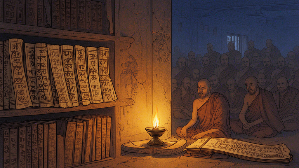 Monastic library interior with palm-leaf style manuscripts lit by an oil lamp and monks seated in the background, representing the manuscript transmission and study of the Samadhiraja Sutra.