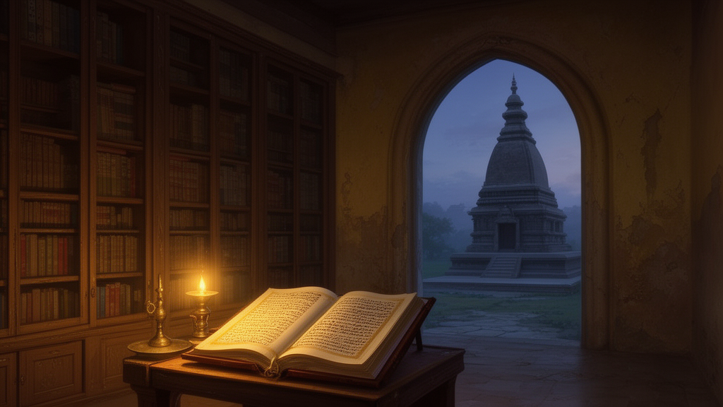 An ancient monastic library scene with a palm-leaf manuscript open on a lectern beside a small stupa, lit by lamplight at dusk.