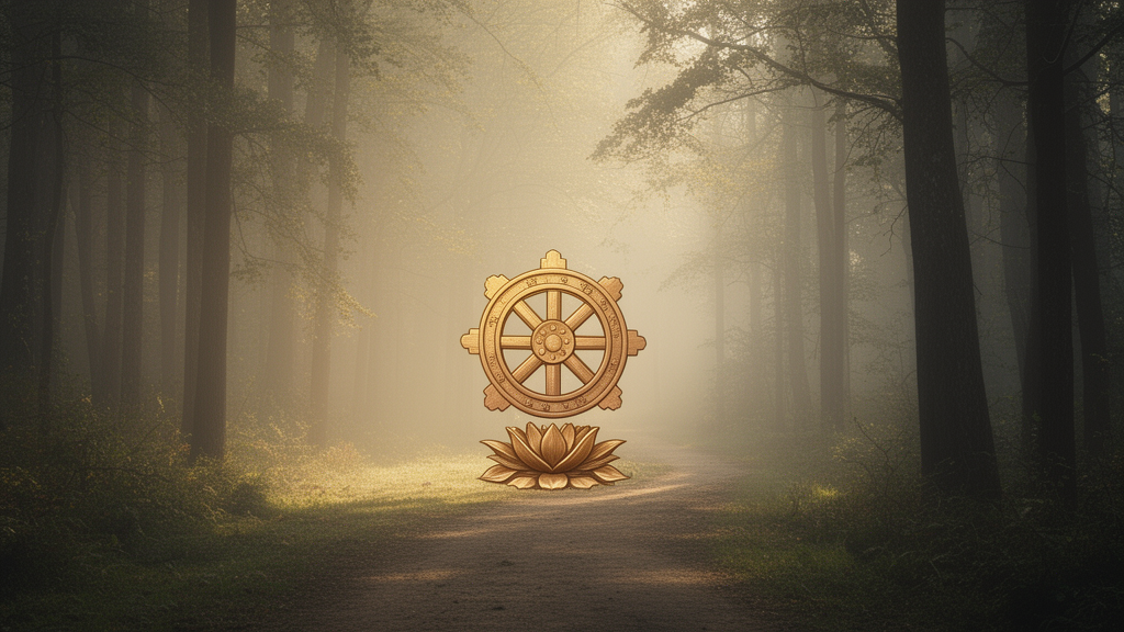 An eight-spoked dharma wheel on a lotus base beside a misty forest path at dawn, drawn in a calm, respectful style.