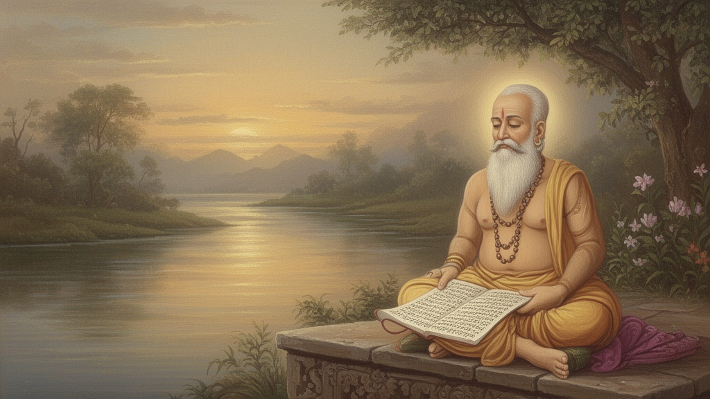 A seated sage meditates beside a dawn river with an open palm-leaf manuscript on a stone ledge, in a respectful traditional painting style.
