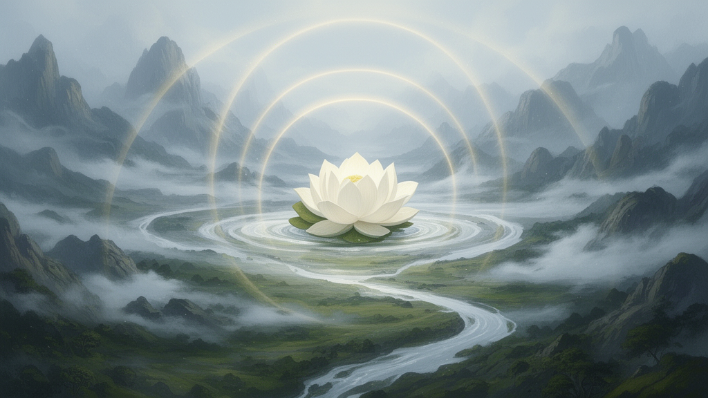 A still white lotus stands apart from a swirling landscape of mountains and mist, with soft bands of light, as a symbolic image of consciousness and nature in Samkhya thought.