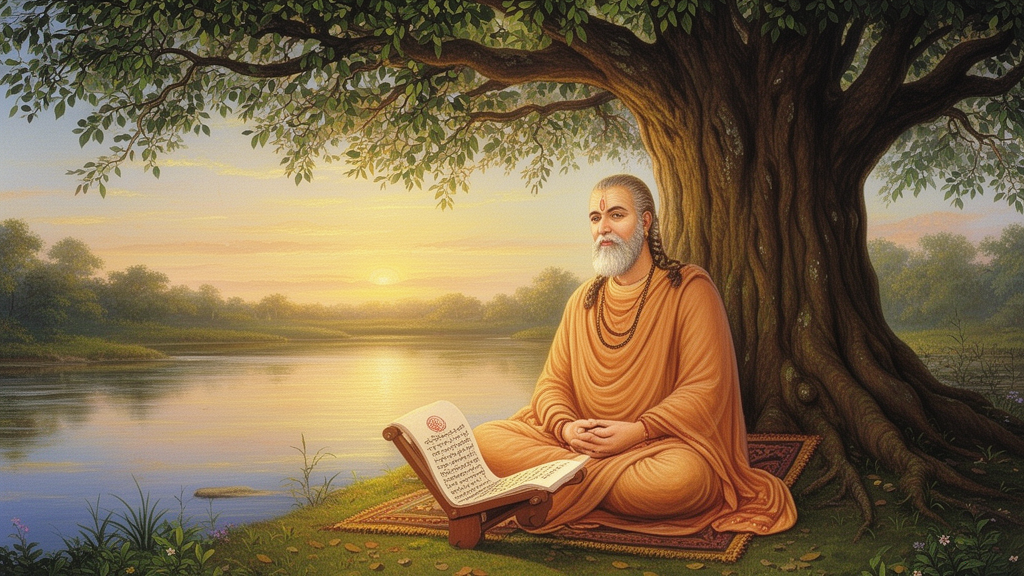 Sage Kapila meditating under a banyan tree beside a river at dawn, with an open palm-leaf manuscript on a wooden stand, in a traditional Indian painting style.