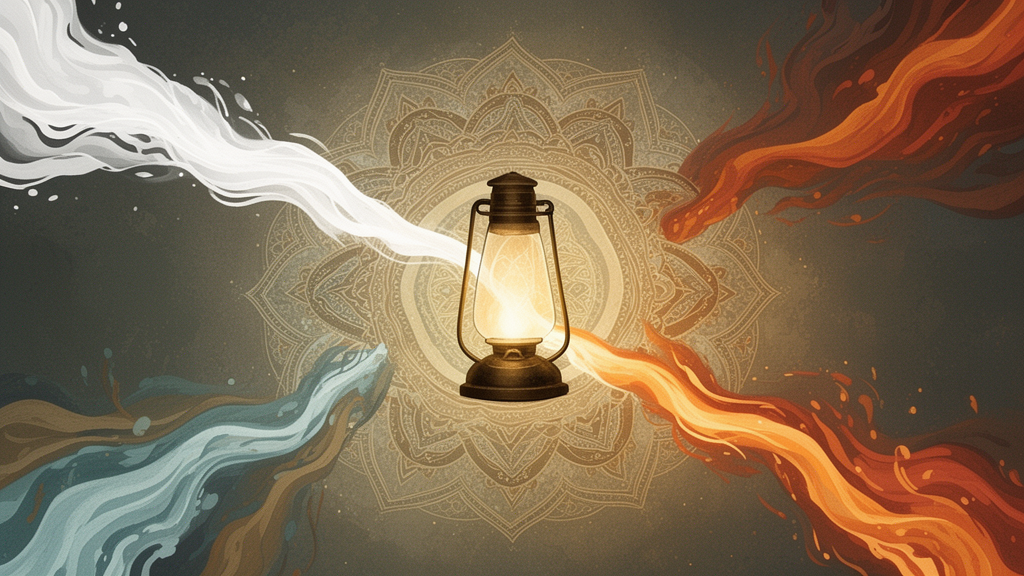 A central lamp of knowledge in a mandala-style design, with a white stream of light and a layered coloured stream shown as separate, representing the Samkhya distinction between consciousness and nature.