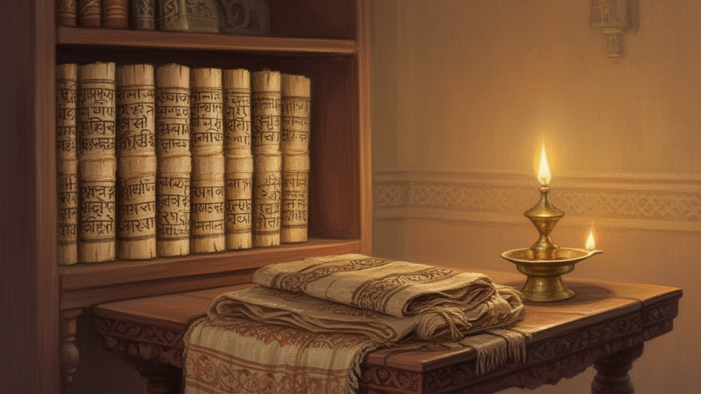 Brass oil lamp beside wrapped palm-leaf manuscripts on a wooden shelf in a quiet traditional study room.