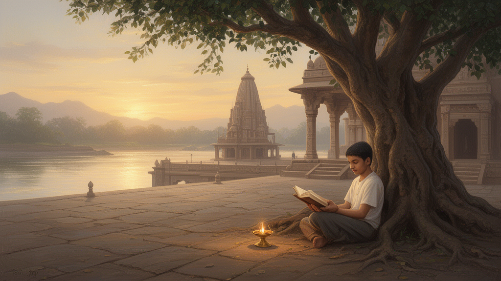 A student reading an open book under a banyan tree in a temple courtyard by a river at dawn.