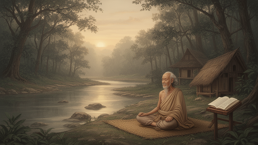 A sage sits in meditative stillness on a mat beside a quiet river at dawn, with palm-leaf manuscripts on a stand nearby, illustrating a classical Yoga setting.
