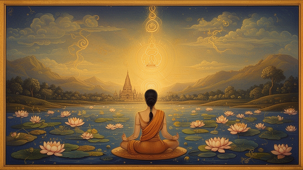 A practitioner seated in a calm posture beside a lotus pond with a distant temple spire, illustrating meditation and stillness described in Yoga Upanishad teachings.