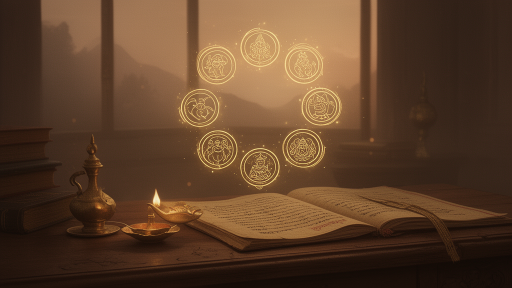 Open palm-leaf manuscript and brass lamp on a wooden desk, with nine golden planetary discs in a circle, illustrating the navagraha system used in Sankhya Shastra Jyotish.