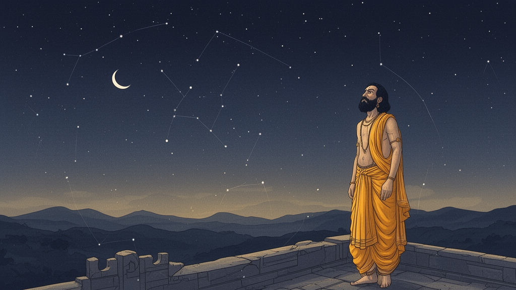 A sage on a stone terrace gazing at a night sky with a crescent moon, illustrating the astronomical observation behind Jyotish.