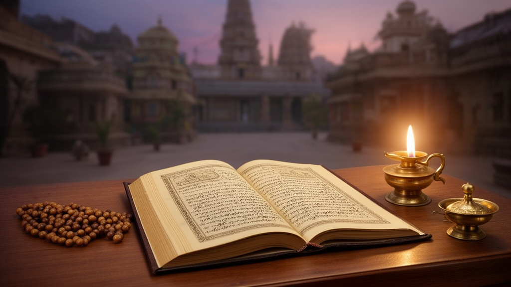 Open palm-leaf manuscript beside a brass oil lamp and wooden counting beads, with a temple courtyard in soft focus behind them.