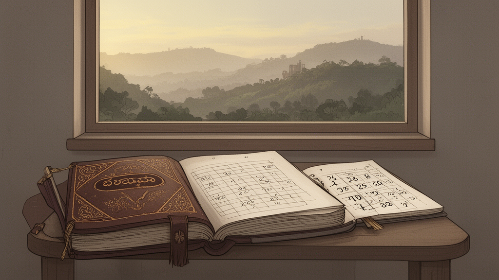 A quiet study table with an open bound book, a notebook of numerical grids, and a hillside view through a window.