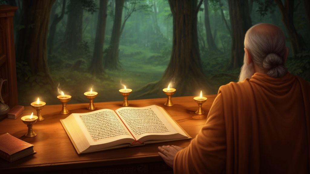 An open palm-leaf manuscript on a wooden table with six small lamps arranged around it in a quiet hermitage setting.