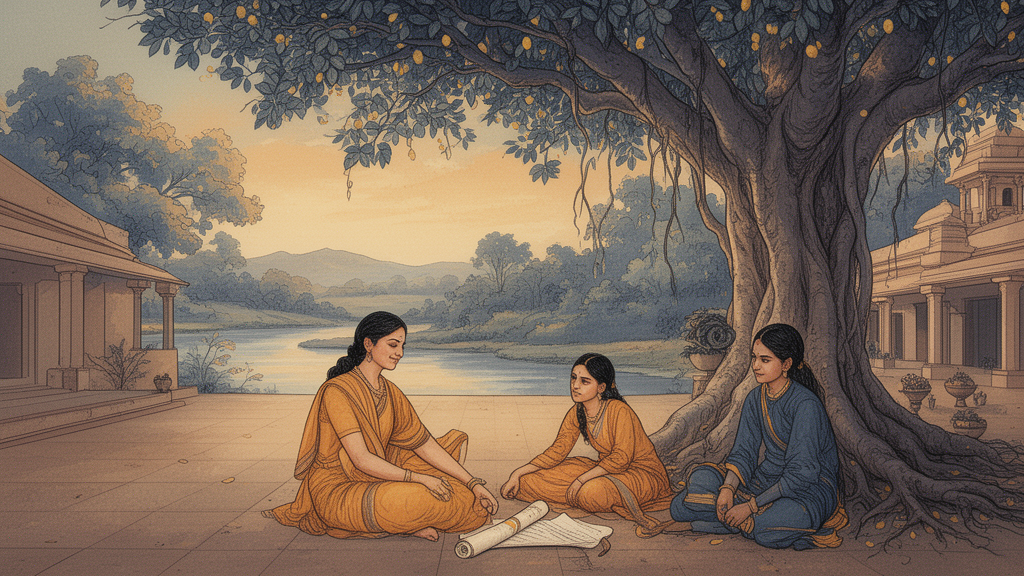 A teacher and two students sitting under a banyan tree in an ashram courtyard with a manuscript between them.