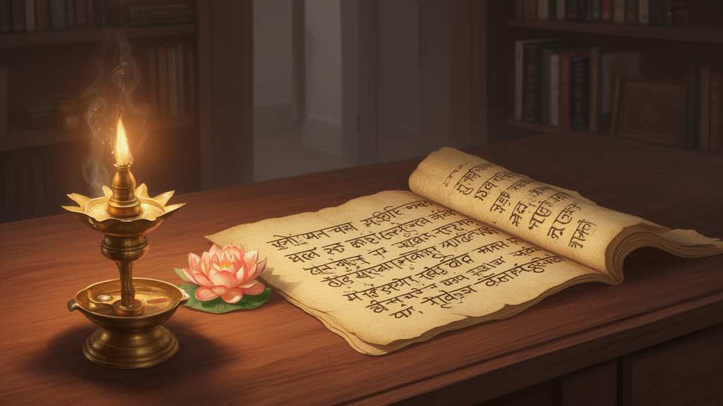 Open palm-leaf manuscript beside a brass oil lamp and lotus on a wooden desk, representing the study of Sanskrit texts.