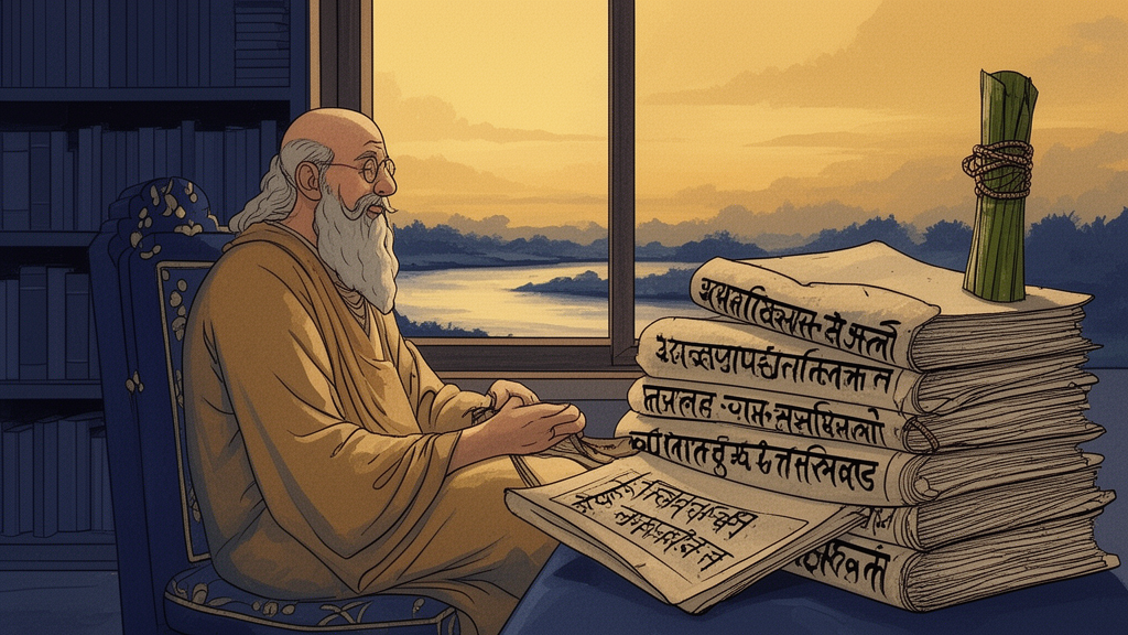 A scholar's study with old manuscripts and a bundle of palm leaves in front of a window overlooking a river at dawn.