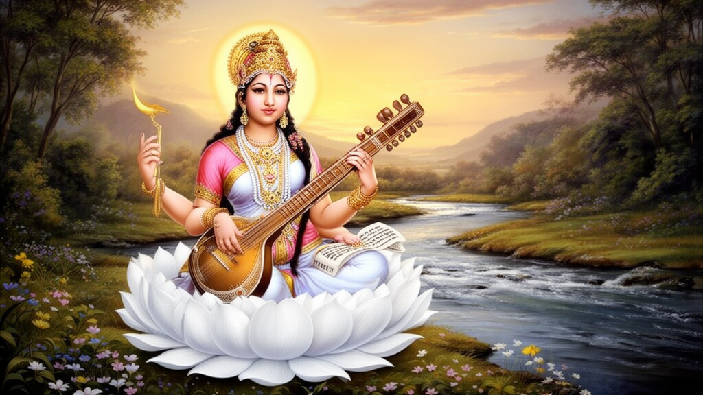 Illustration of the goddess Sarasvati seated on a lotus by a river at dawn, holding a veena and a manuscript, in a traditional devotional style.