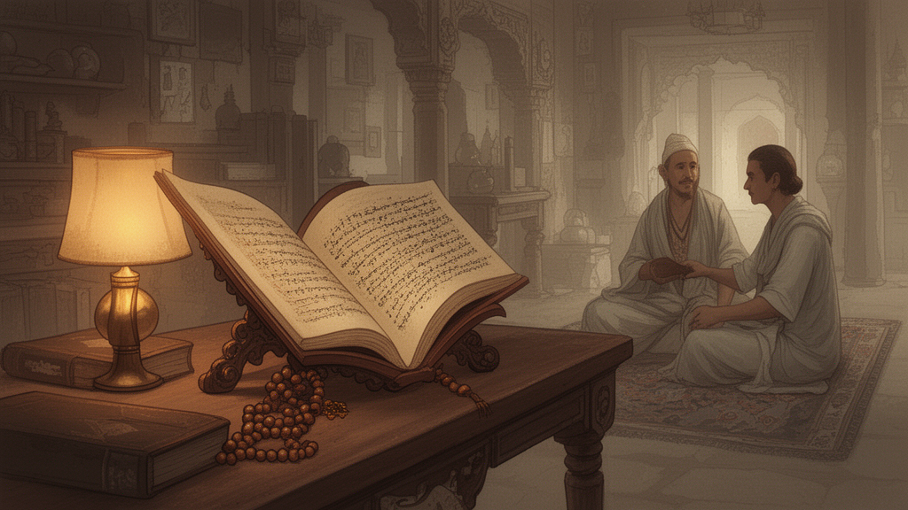 Illustration of a teacher and student studying an open palm-leaf manuscript by lamplight in a traditional study hall.