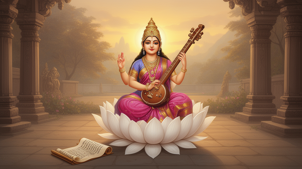 Painting-style illustration of the goddess Sarasvati seated on a lotus with a veena, beside a palm-leaf manuscript in a quiet temple courtyard.