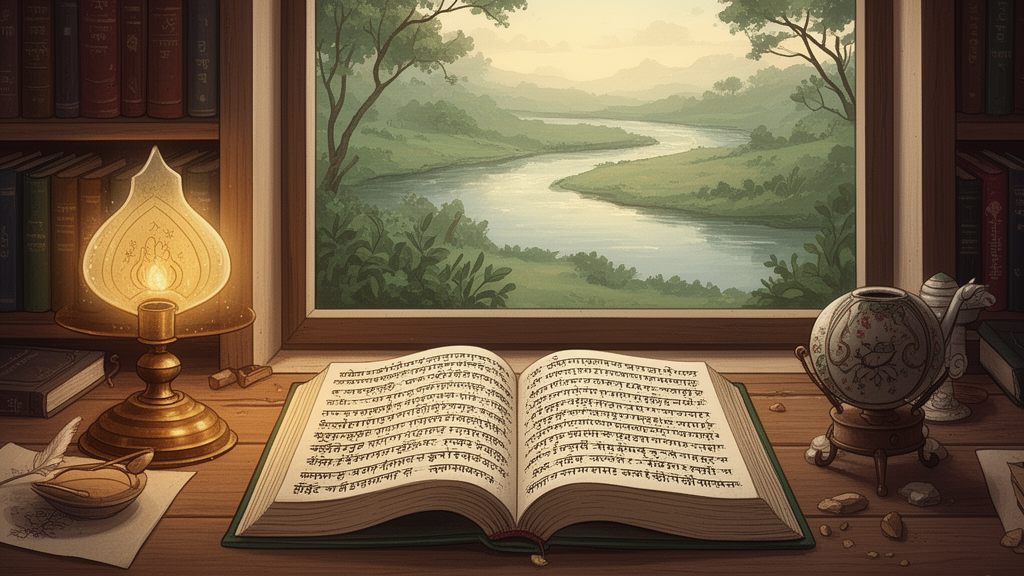 Illustration of an open Sanskrit manuscript on a wooden desk beside a brass lamp, with a window view of a river in a quiet study room.