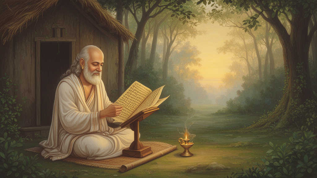 Illustration of a seated sage in a forest hermitage at dawn reading an open palm-leaf manuscript beside a small brass oil lamp.