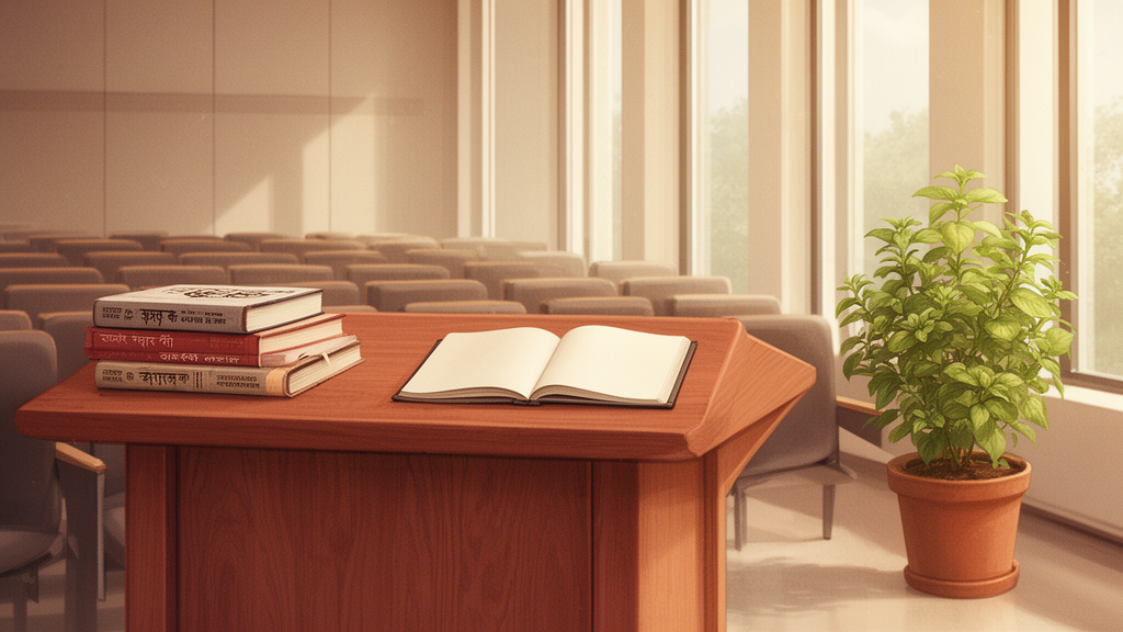 Illustration of a quiet study room with a lectern, stacked scripture editions, an open notebook, and a tulsi plant by a window.