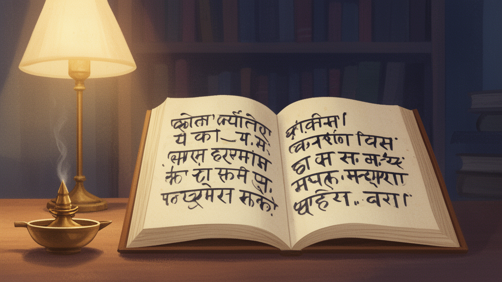 An open palm-leaf manuscript beside a small oil lamp in a quiet study room, suggesting the manuscript tradition of Sanskrit texts such as the Sarvasara Upanishad.