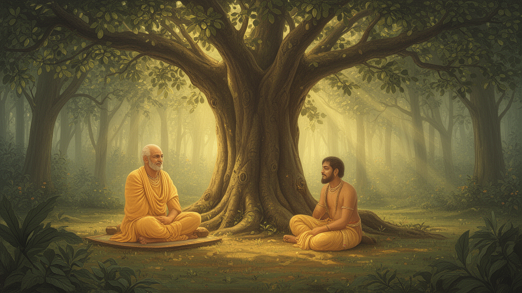 A seated teacher under a banyan tree instructing a seated student in a forest clearing, illustrating the oral and scholarly transmission of Upanishadic teaching.