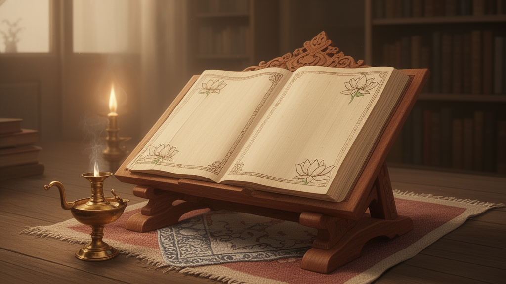 An open palm-leaf manuscript on a wooden stand in a quiet study room, lit by an oil lamp, suggesting the study of Upanishadic texts.