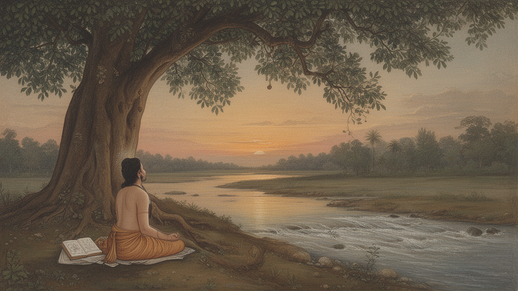 A seated figure beneath a banyan tree at dawn beside a river, with a closed book nearby, illustrating quiet reflection on scripture.