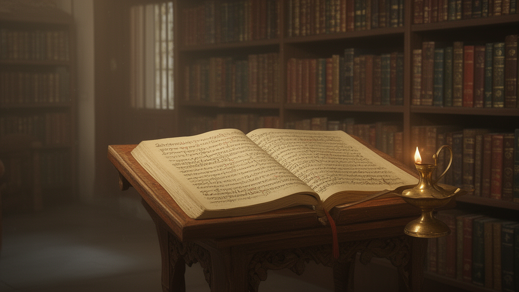 An open palm-leaf manuscript on a wooden lectern beside a brass oil lamp in a quiet temple library, suggesting the study of Hindu scriptures.