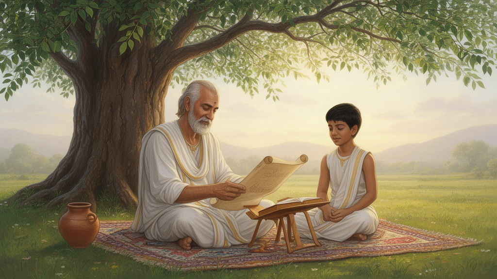 A teacher and student sit under a tree sharing a scroll, illustrating traditional study and recitation of Sanskrit texts.