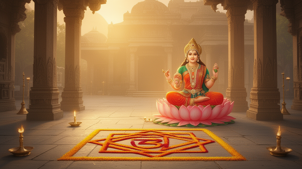 Goddess Lakshmi seated on a lotus in a temple courtyard at dawn, with a geometric yantra drawn in coloured powder on the floor before her and brass lamps glowing nearby.