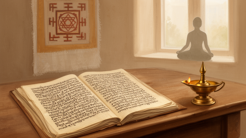An open palm-leaf manuscript with unreadable script beside a brass lamp, with a geometric yantra diagram and a meditating figure in soft silhouette in the background.