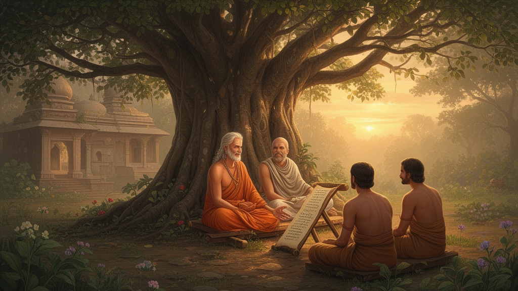 Illustration of a seated teacher instructing two students under a tree in an ancient forest hermitage, with an open palm-leaf manuscript in the foreground.