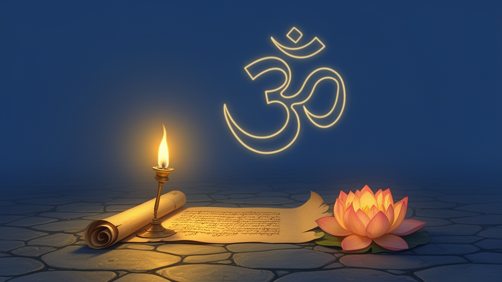 Illustration of an oil lamp, an open scroll, and a lotus on a stone floor, with a faint luminous Om symbol above the scroll.