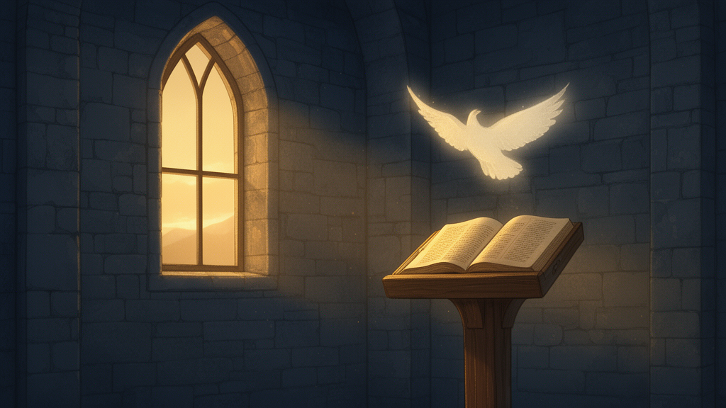 An open Bible on a lectern in a quiet stone chapel, with warm light from an arched window and a soft dove-shaped glow above the page.