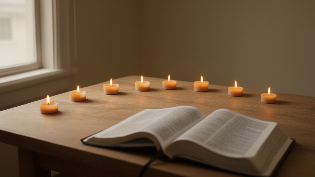 Seven small candles arranged in an arc on a wooden table beside an open Bible in a simple study room with morning light.