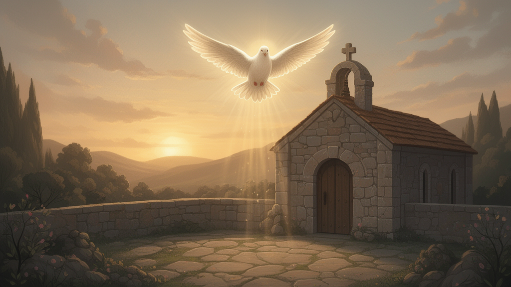 Soft dove descending with golden light above a quiet stone courtyard at dawn, illustrating the Holy Spirit in Christian art.