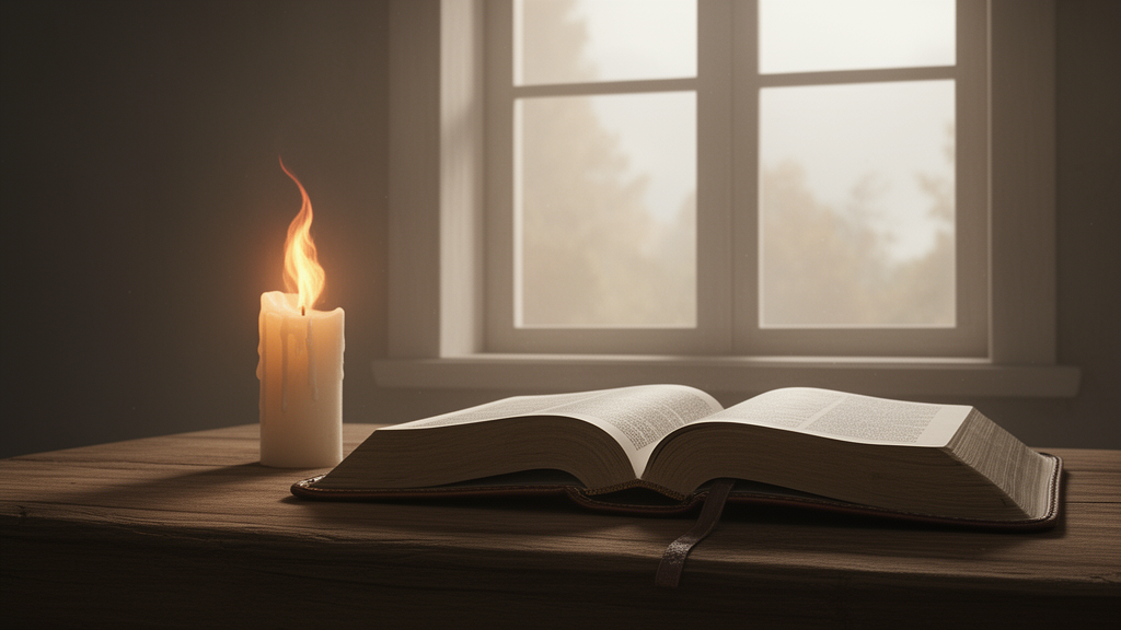 Open Bible beside a lit candle and soft flame-shaped light on a wooden table, suggesting prayer and Scripture study.