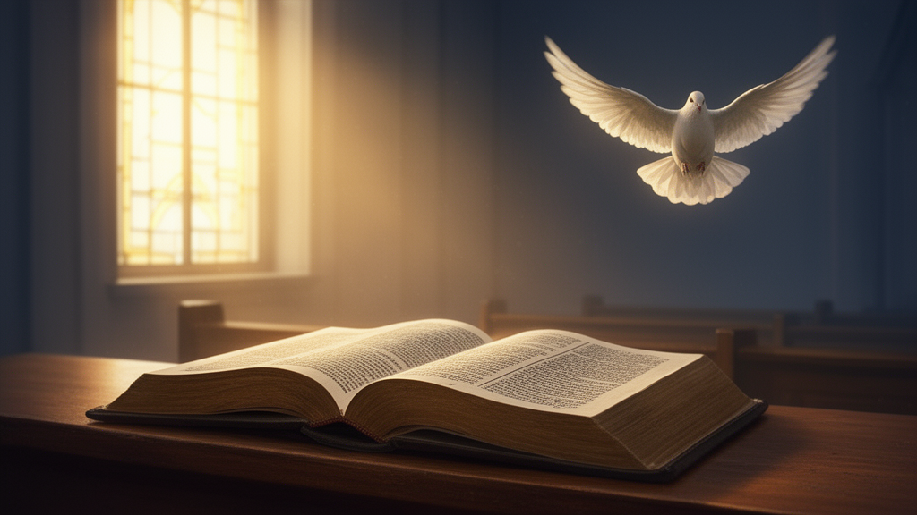 An open Bible on a wooden table in a quiet sanctuary with light from a window and a dove in the background.
